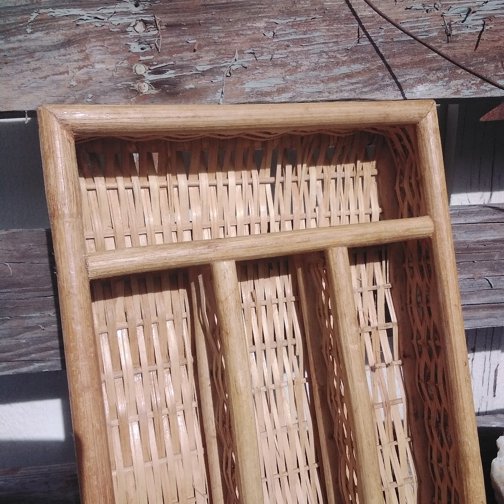5 For $50🔥  Vintage Woven Bamboo Cutlery Or Desk Tray W Added Ribbon Trim - Picture 4 of 10
